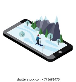 Isometric man skiing. Mobile navigation. Videos and photos keeped in phone memory. Cross country skiing, winter sport. Olimpic games, recreation lifestyle, activity speed extreme