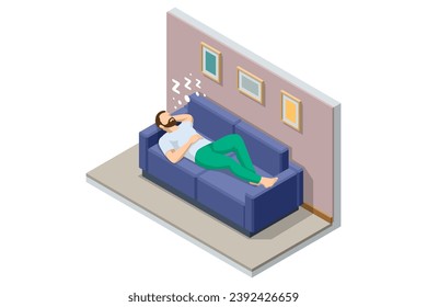 Isometric man sleeping on sofa. Tiredness and exhaustion concept