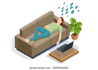 Isometric a man sleeps on the sofa at home, next to him there is a table with a laptop. Tiredness and exhaustion concept