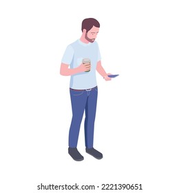 Isometric man with smartphone and cup of coffee 3d vector illustration