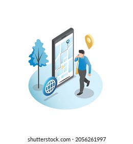 Isometric man in smartphone paved route, path on map, navigator, gps in city, street. Traveling on Internet. Volumetric icon, pin symbol. Guy geolocation.