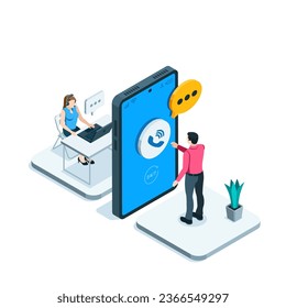 isometric man at the smartphone screen and a woman in headphones with a microphone at the computer, in color on a white background, helpline or support service