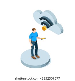 hombre isométrico con un smartphone parado bajo una nube con un icono de conexión inalámbrica en color sobre un fondo blanco, zona de Internet inalámbrica