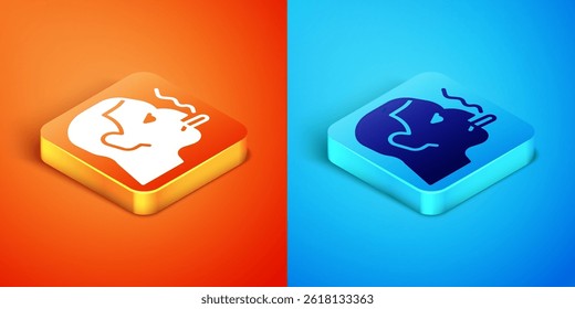 Isometric Man smoking a cigarette icon isolated on orange and blue background. Tobacco sign. Vector