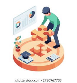 Isometric Man Solving Financial Literacy Puzzle. Financial Literacy Concept