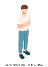 Hombre isométrico de pie casual con los brazos cruzados, simbolizando una postura relajada o informal. Ideal para representar interacciones casuales en el lugar de trabajo o imágenes de personalidad. Ilustración vectorial.