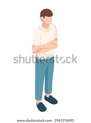Isometric man standing casually with his arms crossed, symbolizing a relaxed or informal stance. Ideal for representing casual workplace interactions or personality visuals. Vector illustration.