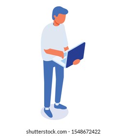 Isometric  man  standing with a laptop front  view. Isometric vector isolated illustration.