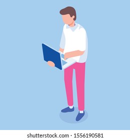 Isometric man standing with a laptop front view. Isometric vector isolated illustration.