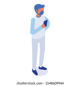 Isometric man standing with phone. Vector isolated isometric character.