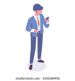 Isometric man standing with phone. Vector isolated isometric character.	
