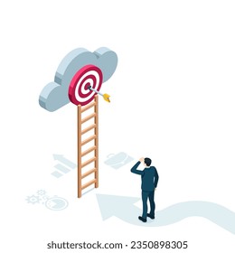 isometric man stands in front of a ladder leading to a target with arrow on a cloud in color on a white background, the path to success or achieving a business goal