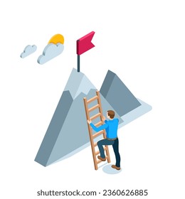 isometric man starts to climb the stairs to the mountain with a flag in color on a white background, achieving business success or the path to the goal