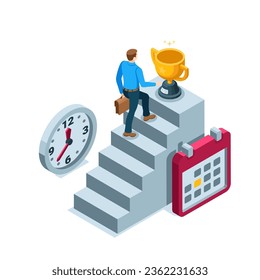 isometric man and steps with a trophy, clock and calendar in color on a white background, the path to business success