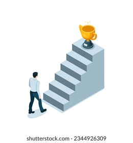 isometric man and steps with a trophy in color on a white background, the path to business success