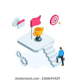 isometric man and steps with a trophy and flag, clock and calendar in color on a white background, the path to business success or goal