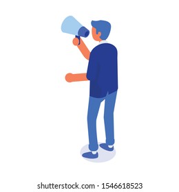 Isometric man in suit back view with loudspeaker. Business people, team. Vector  characters isolated on white background.