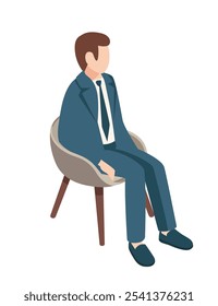 Hombre isométrico en un traje sentado en una silla moderna, transmitiendo profesionalismo y confianza. Ideal para imágenes de negocios, corporativas y ejecutivas. Ilustración vectorial.