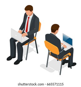 Isometric man in suit sitting with a laptop on his knees on isolated background.  Successful businessman sitting in an office.

