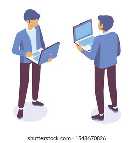 Isometric  man in suit standing with a laptop front and back view. Isometric vector isolated illustration.