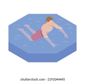 Isometric man swimming in pool or sea 3d vector illustration