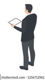 Isometric Man With Tablet PC. Back View. Vector Illustration