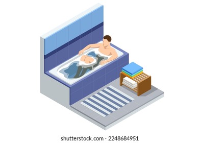 Isometric man taking bath full of soap foam. Body hygiene, relaxing. Male relaxing in bathtub. Bathroom interior.