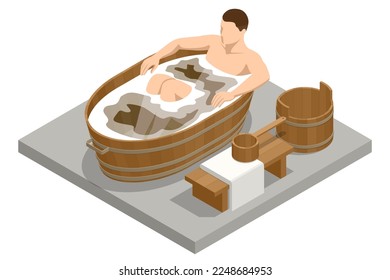 Hombre isométrico bañándose lleno de espuma de jabón. Higiene corporal, relajante. Un hombre relajado en la bañera. El interior del cuarto de baño.