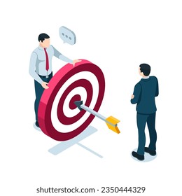 isometric man with a target and an arrow in the center talking to another man in a business suit in color on a white background, achieving a goal or business success