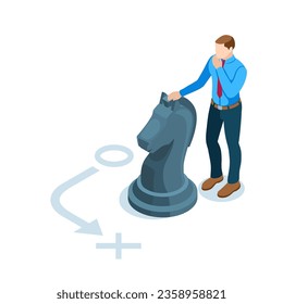 isometric man in a thoughtful pose with chess horse in color on white background, business strategy or plan