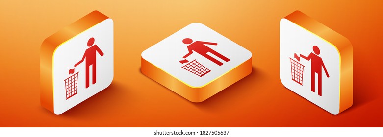 Isometric Man throwing trash into dust bin icon isolated on orange background. Recycle symbol. Orange square button. Vector.