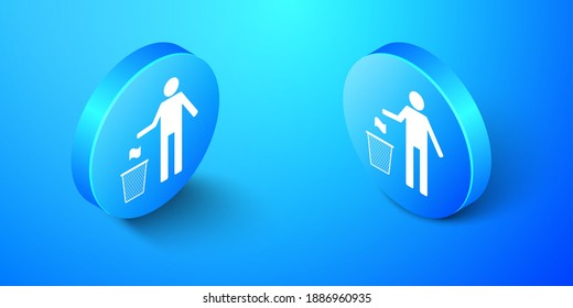 Isometric Man throwing trash into dust bin icon isolated on blue background. Recycle symbol. Trash can sign. Blue circle button. Vector.