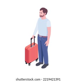 Isometric man travelling with suitcase 3d vector illustration