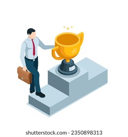 isometric man with a trophy on a pedestal in color on a white background, winner or first place in a competition of business
