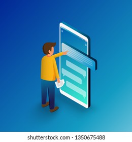 Isometric man typing on mobile smartphone. Sms messages chat and Speech bubbles.  Flat vector illustration.
