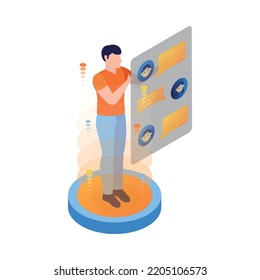 Isometric man using interactive screen chatting with friends 3d vector illustration