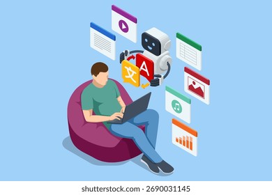 Isometric man using laptop with AI translation robot assistant. Concept of artificial intelligence, communication and multilingual education.