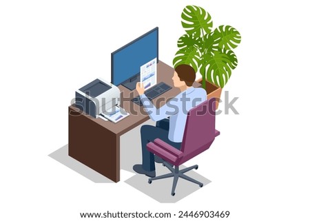 Isometric man using modern printer in office. New modern printer. Business person sitting at table taking document from printer