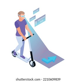 Isometric man using virtual reality glasses and riding scooter 3d vector illustration