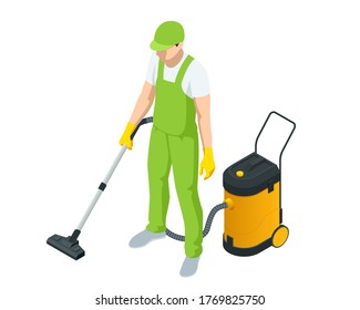 Isometric man with a vacuum cleaners of various types isolated on white background. Washing and Cleaning service concept. Disinfection and cleaning.