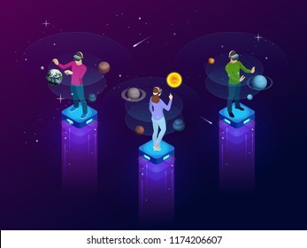 Isometric man in virtual reality glasses looks at the planets of the solar system. Sun, Mercury, Venus, planet earth, Mars, Jupiter, Saturn, Uranus, Neptune. Science and education vector background.