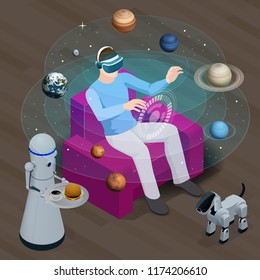 Isometric man in virtual reality glasses looks at the planets of the solar system. Sun, Mercury, Venus, planet earth, Mars, Jupiter, Saturn, Uranus, Neptune. Science and education vector background.