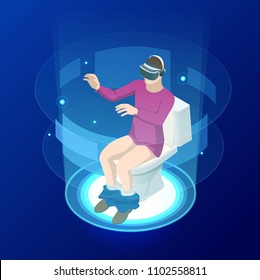 Isometric man in virtual reality helmet sitting on toilet. Videogames vector illustration