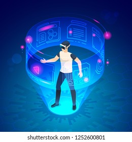 Isometric man in vr. Future world virtual goggles headset gadgets game entertainment or digital augmented reality 3d gadget. Smart cyberspace game glasses device vector illustration