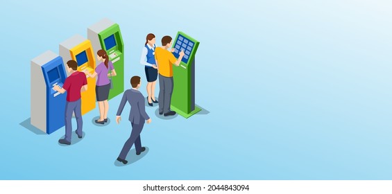 Isometric man waiting for the credit card inserting from ATM Machine. ATM service machine of a bank. Automated teller machine.