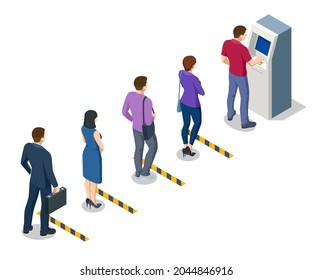 Isometric man waiting for the credit card inserting from ATM Machine. ATM service machine of a bank. Automated teller machine