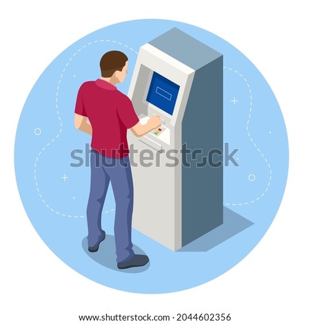 Isometric man waiting for the credit card inserting from ATM Machine. ATM service machine of a bank. Automated teller machine.