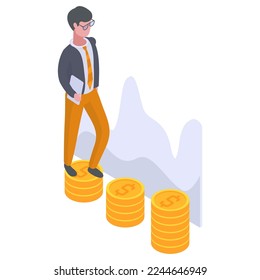 Isometric man walking on money stacks. Economic development, financial well-being, salary increase, rich guy 3d isolated flat vector illustration on white background