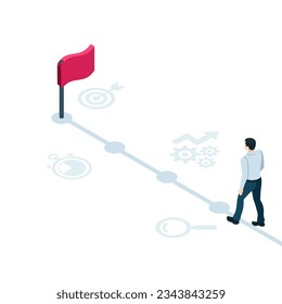 isometric man is walking on a path with flag on a white background, a step-by-step path to success, business vision isometric concept