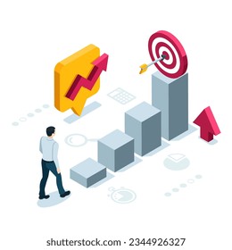 isometric man walking towards growing chart and target icons with arrow in color on white background, steps to business success or winning strategy